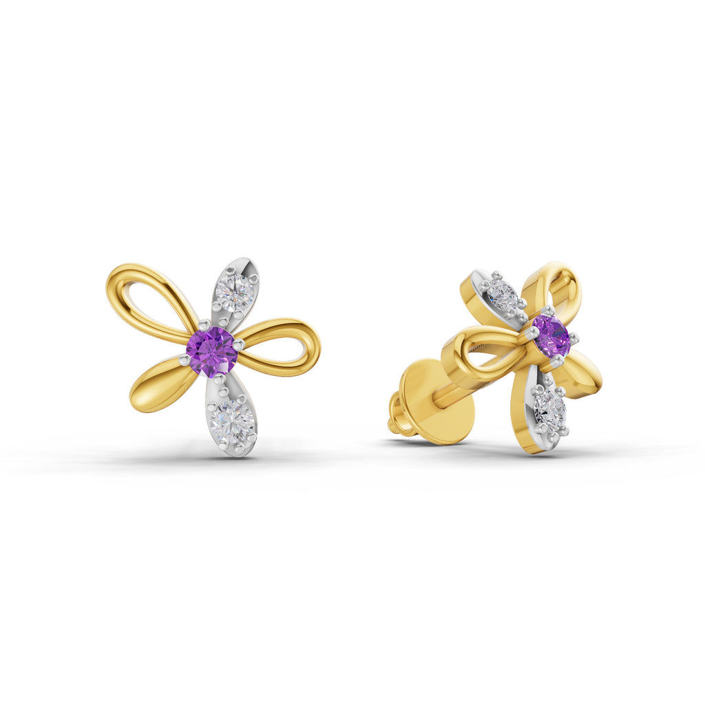 Lab Grown Diamond Earrings 0.05 Carat Round Shape 925 Sterling Silver Yellow Gold Plated Floral Earrings