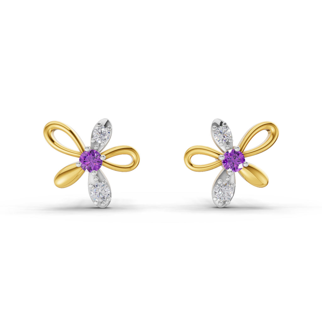 Lab Grown Diamond Earrings 0.05 Carat Round Shape 925 Sterling Silver Yellow Gold Plated Floral Earrings