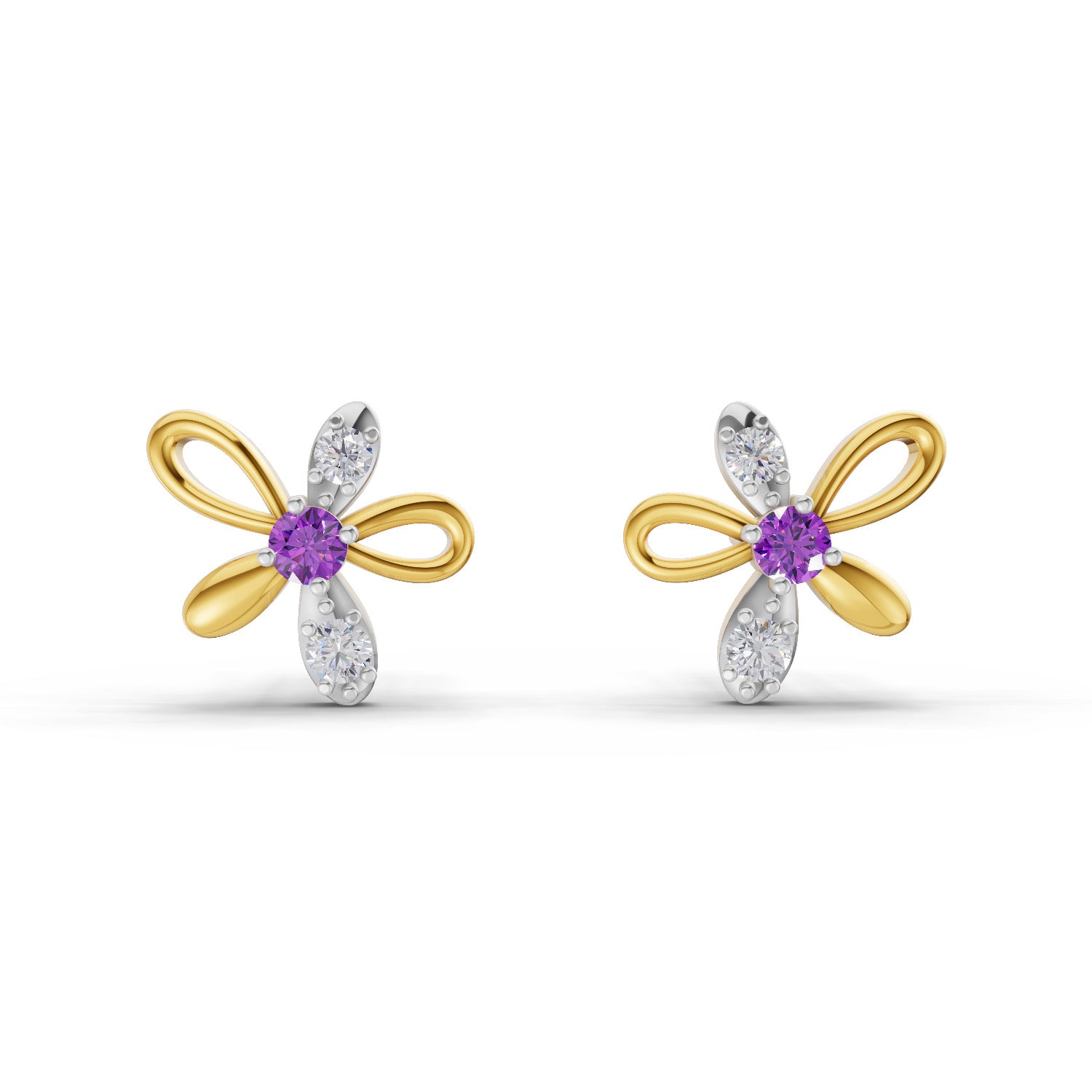 Lab Grown Diamond Earrings 0.05 Carat Round Shape 925 Sterling Silver Yellow Gold Plated Floral Earrings
