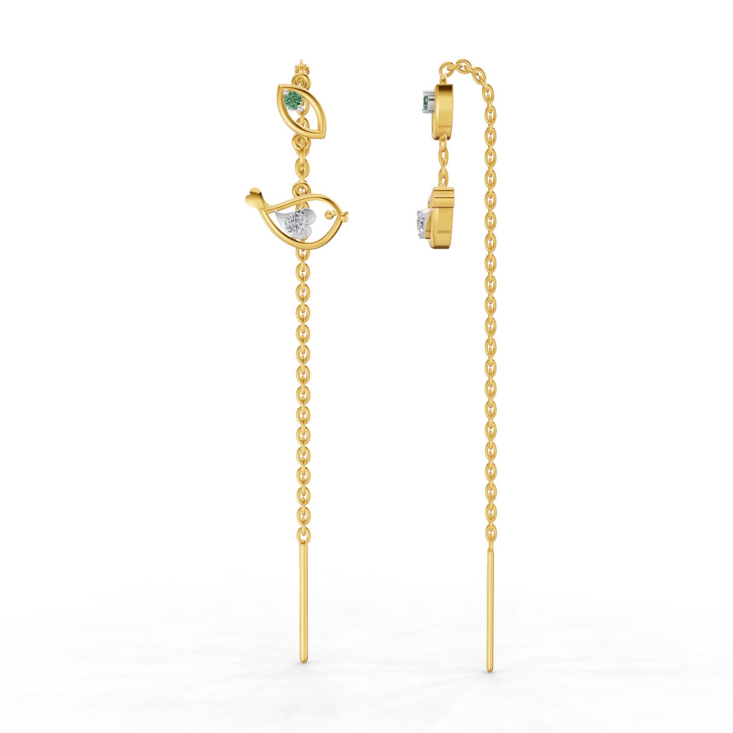Lab Grown Diamond Earrings 0.06 Carat Round Shape 925 Sterling Silver Yellow Gold Plated Birdie Threader Earrings