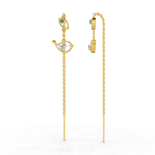 Lab Grown Diamond Earrings 0.06 Carat Round Shape 925 Sterling Silver Yellow Gold Plated Birdie Threader Earrings