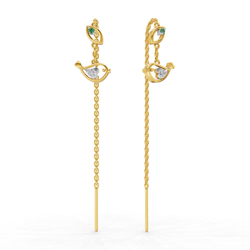 Lab Grown Diamond Earrings 0.06 Carat Round Shape 925 Sterling Silver Yellow Gold Plated Birdie Threader Earrings