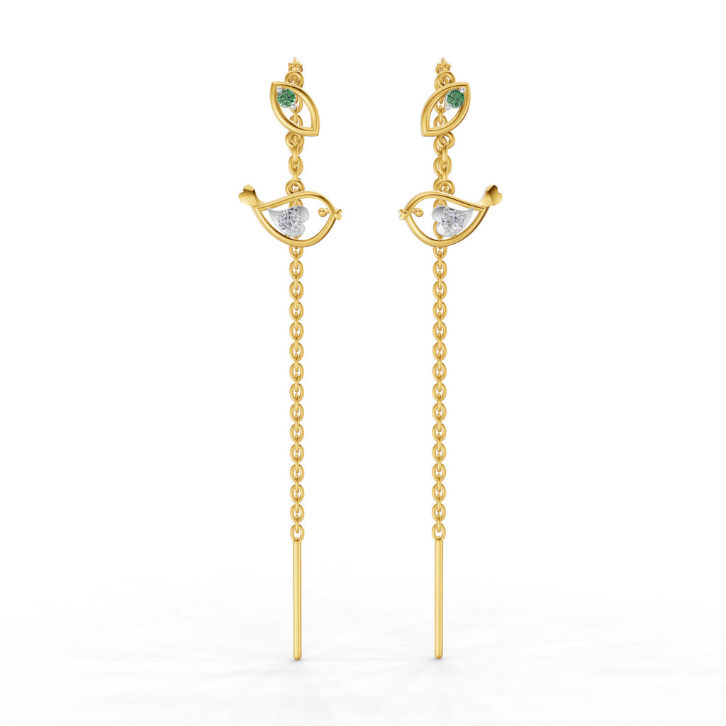 Lab Grown Diamond Earrings 0.06 Carat Round Shape 925 Sterling Silver Yellow Gold Plated Birdie Threader Earrings