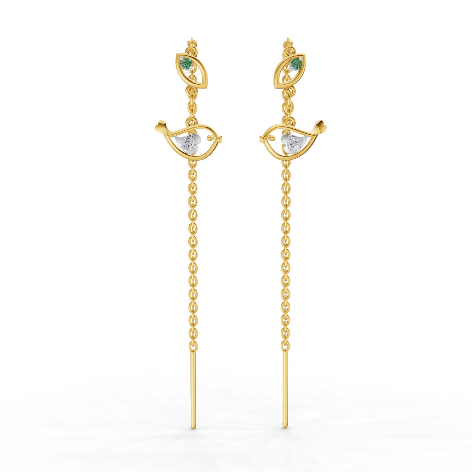 Lab Grown Diamond Earrings 0.06 Carat Round Shape 925 Sterling Silver Yellow Gold Plated Birdie Threader Earrings