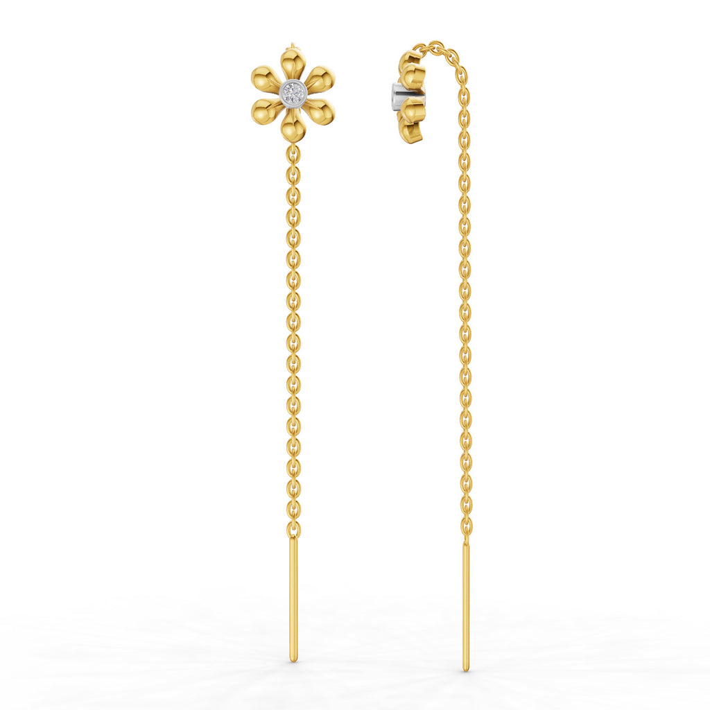 Lab Grown Diamond Earrings 0.07 Carat Round Shape 925 Sterling Silver Yellow Gold Plated Floral Threader Earrings