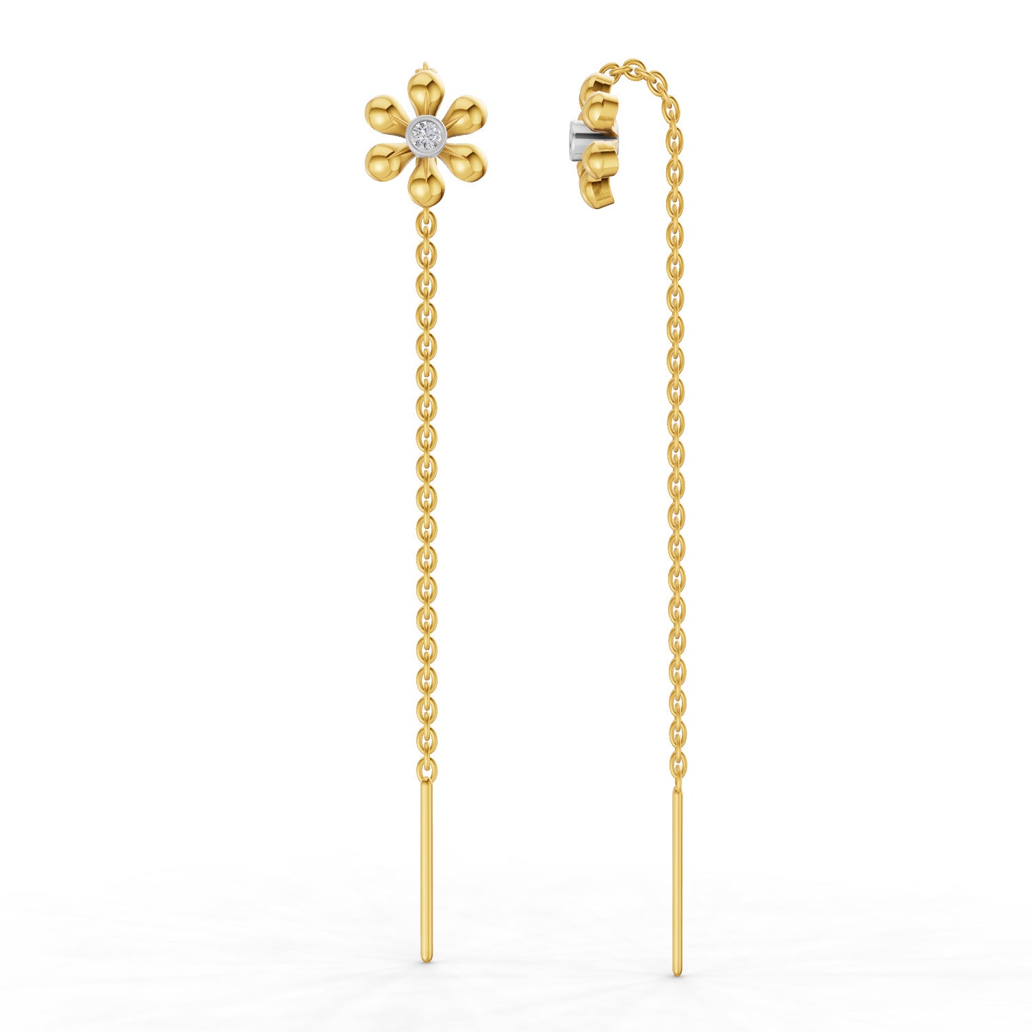 Lab Grown Diamond Earrings 0.07 Carat Round Shape 925 Sterling Silver Yellow Gold Plated Floral Threader Earrings