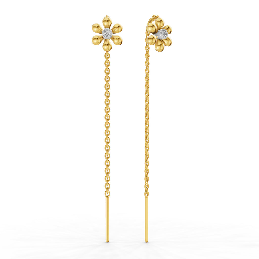 Lab Grown Diamond Earrings 0.07 Carat Round Shape 925 Sterling Silver Yellow Gold Plated Floral Threader Earrings