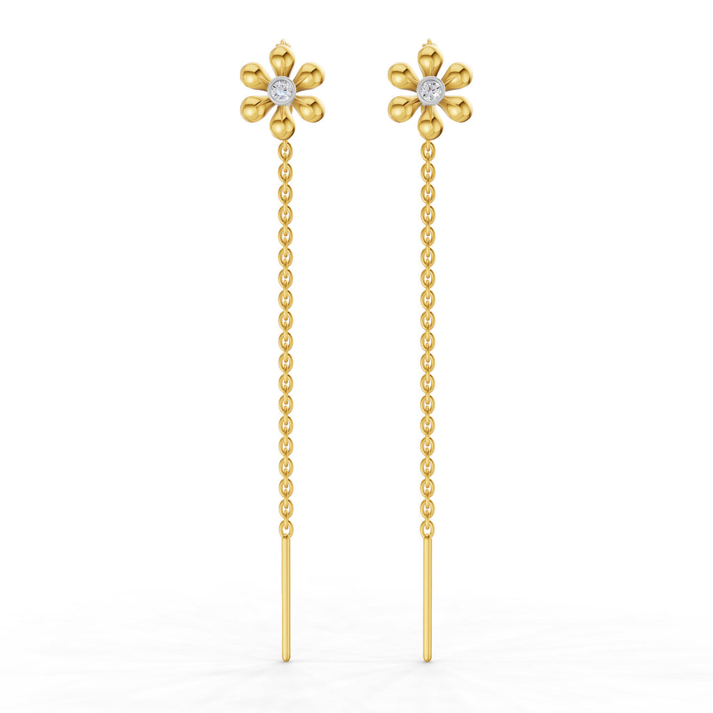 Lab Grown Diamond Earrings 0.07 Carat Round Shape 925 Sterling Silver Yellow Gold Plated Floral Threader Earrings