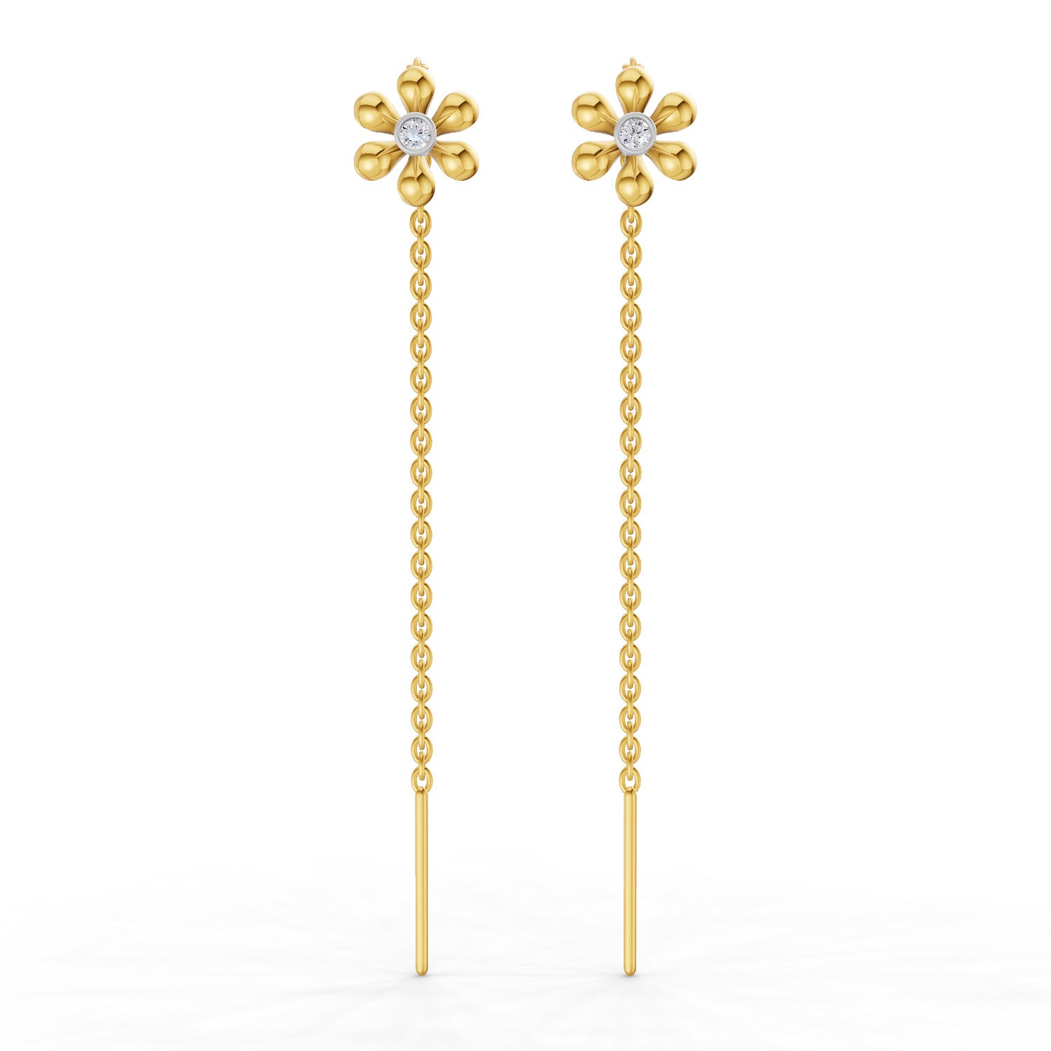 Lab Grown Diamond Earrings 0.07 Carat Round Shape 925 Sterling Silver Yellow Gold Plated Floral Threader Earrings