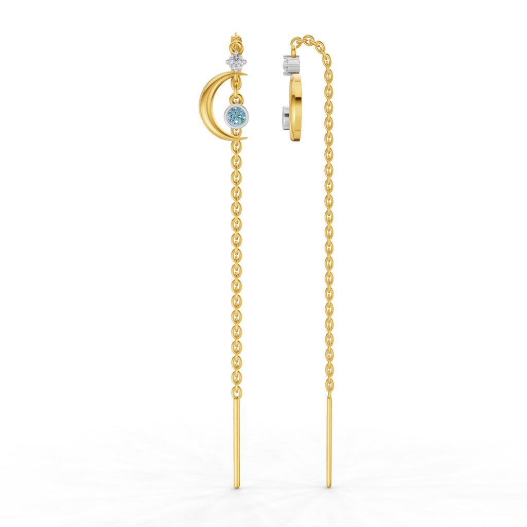 Lab Grown Diamond Earrings 0.07 Carat Round Shape 925 Sterling Silver Yellow Gold Plated Half Moon Threader Earrings
