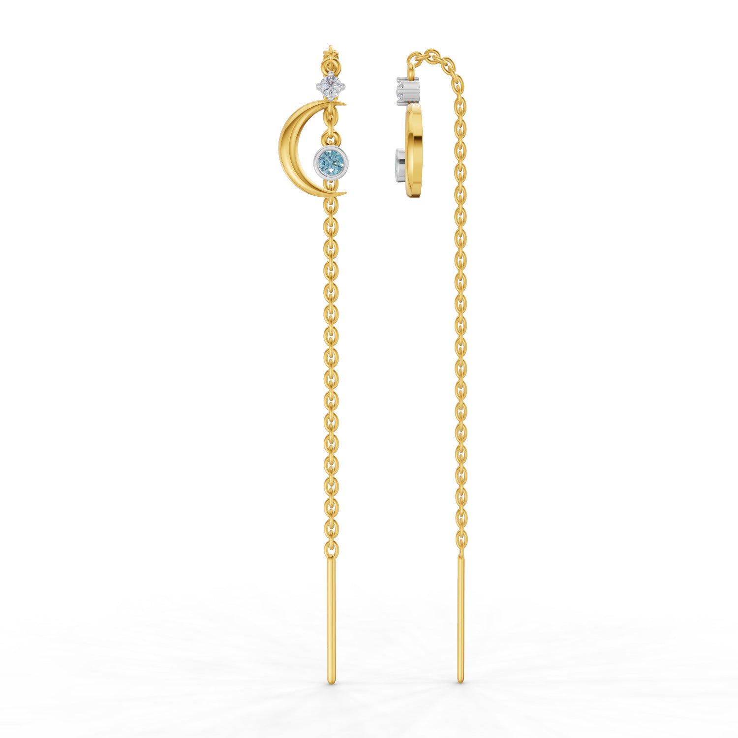 Lab Grown Diamond Earrings 0.07 Carat Round Shape 925 Sterling Silver Yellow Gold Plated Half Moon Threader Earrings