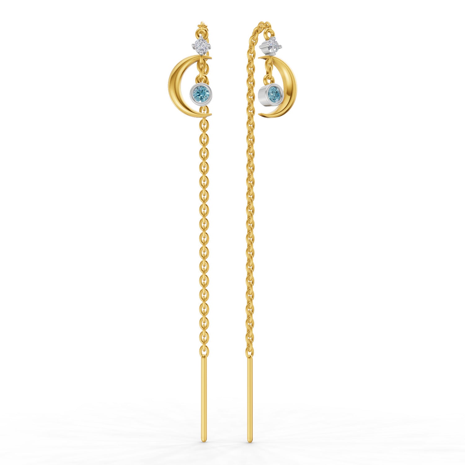 Lab Grown Diamond Earrings 0.07 Carat Round Shape 925 Sterling Silver Yellow Gold Plated Half Moon Threader Earrings