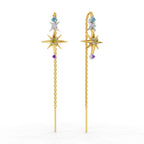 Lab Grown Diamond Earrings 0.08 Carat Round Shape 925 Sterling Silver Yellow Gold Plated Star Threader Earrings