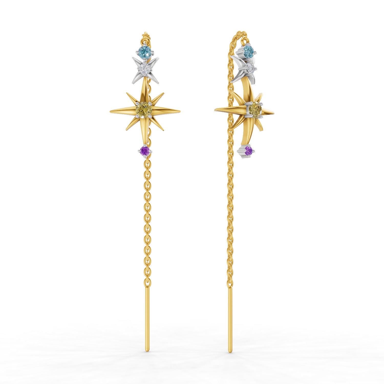 Lab Grown Diamond Earrings 0.08 Carat Round Shape 925 Sterling Silver Yellow Gold Plated Star Threader Earrings