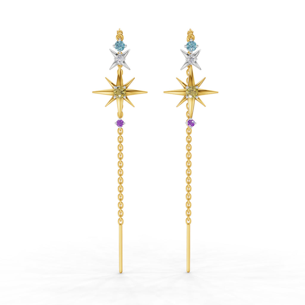 Lab Grown Diamond Earrings 0.08 Carat Round Shape 925 Sterling Silver Yellow Gold Plated Star Threader Earrings