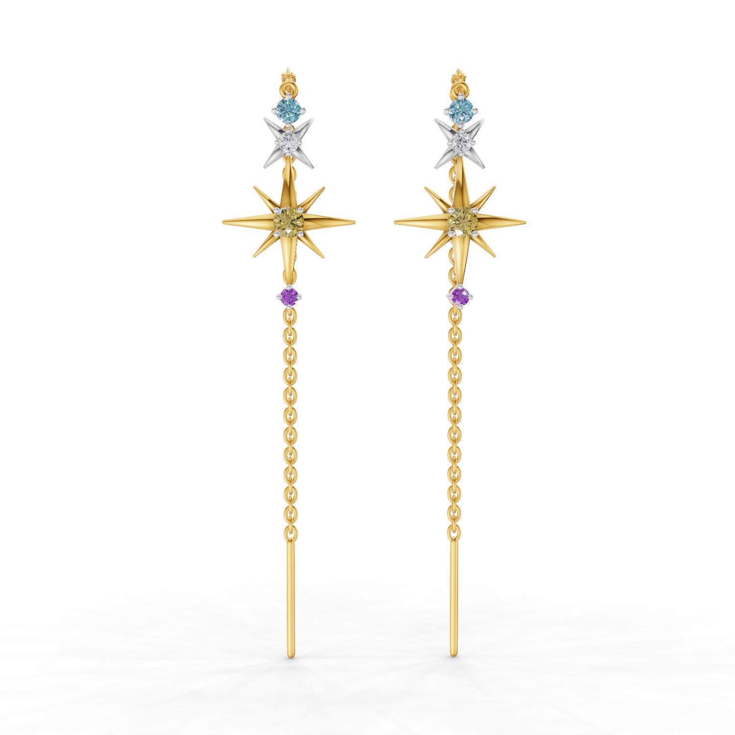 Lab Grown Diamond Earrings 0.08 Carat Round Shape 925 Sterling Silver Yellow Gold Plated Star Threader Earrings