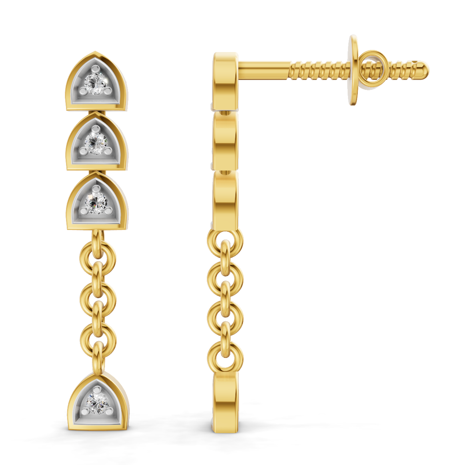 Lab Grown 0.08 Carat Round Shape 925 Sterling Silver Gold Plated Diamond Trinity Earrings