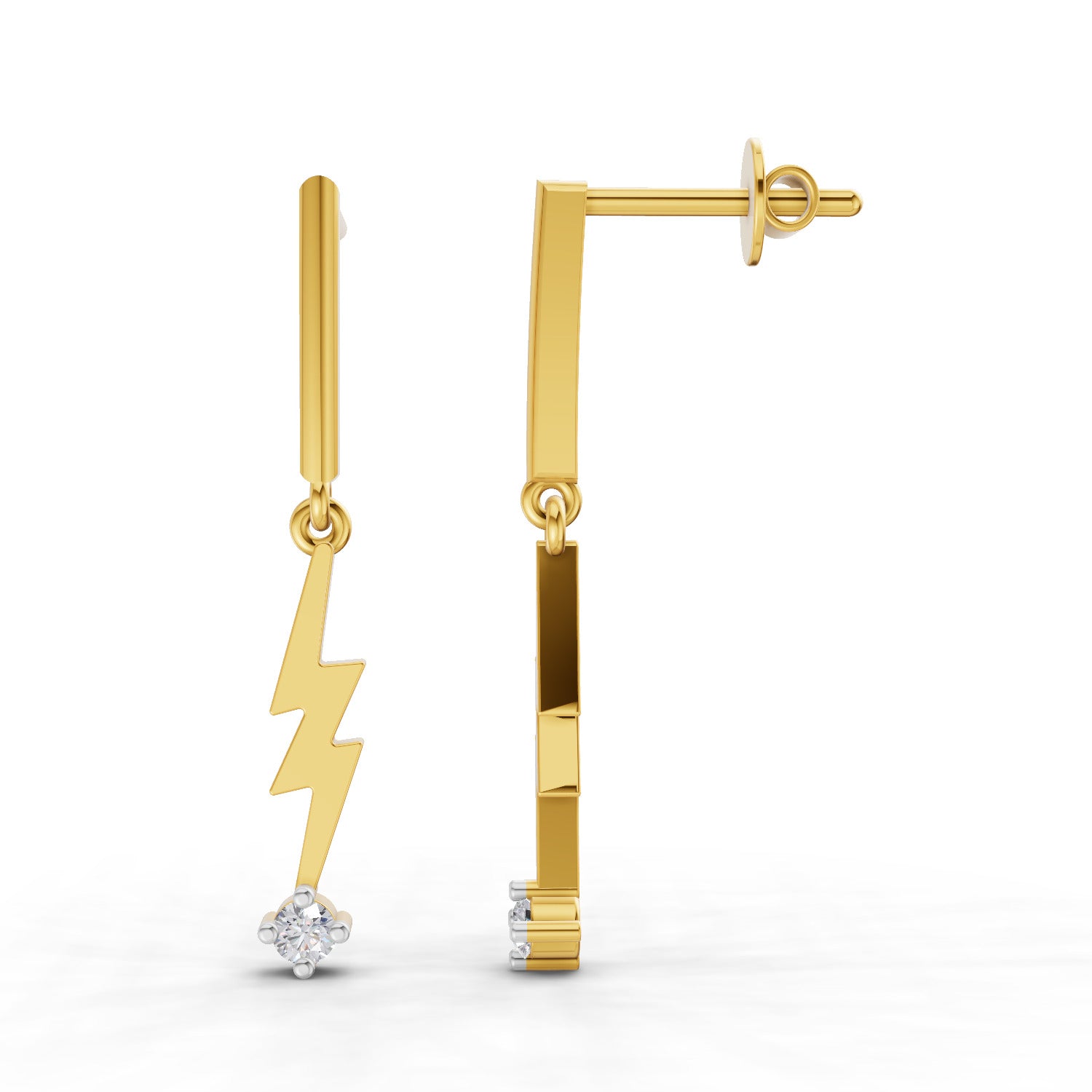 Lab Grown Diamond Earrings 0.07 Carat Round Shape 925 Sterling Silver Yellow Gold Plated Lightning Bolt Earrings