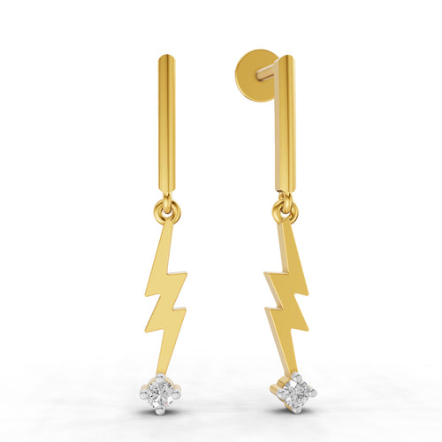 Lab Grown Diamond Earrings 0.07 Carat Round Shape 925 Sterling Silver Yellow Gold Plated Lightning Bolt Earrings