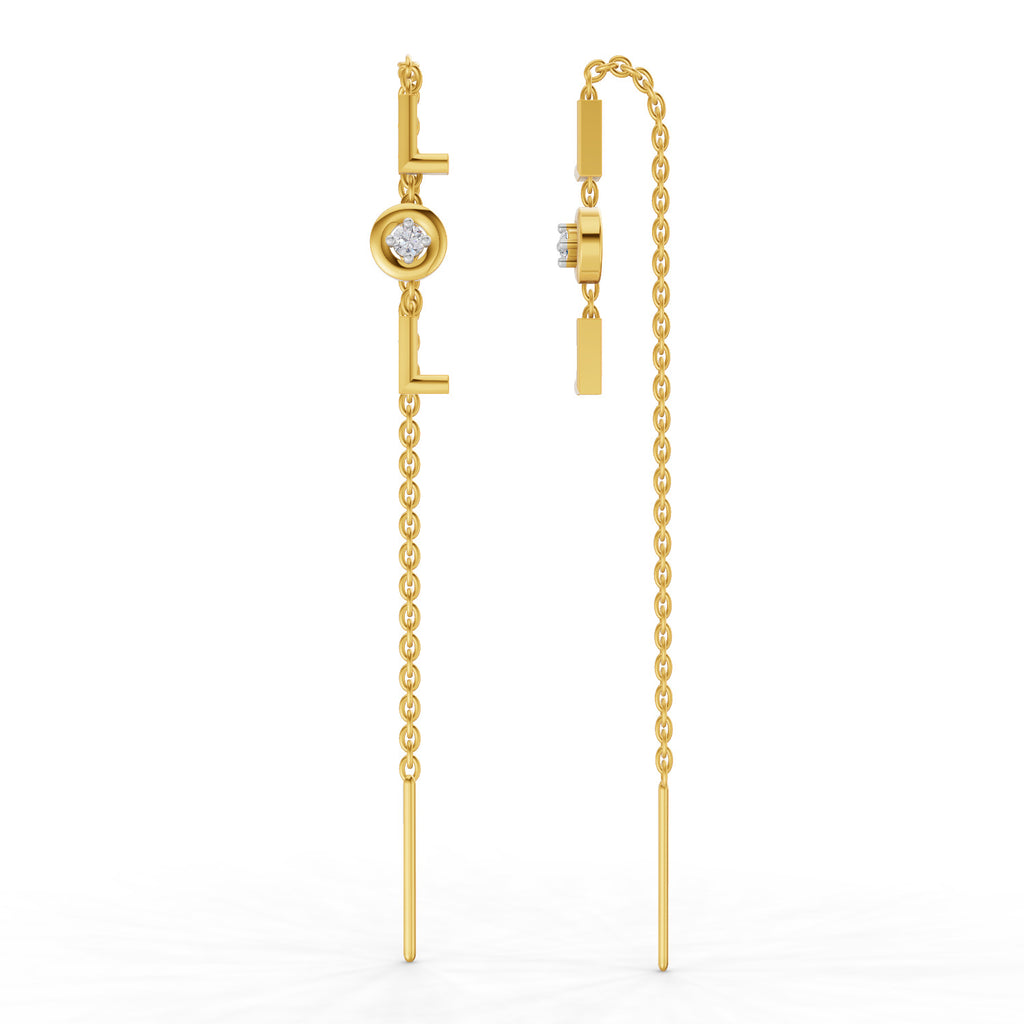 Lab Grown Diamond Earrings 0.07 Carat Round Shape 925 Sterling Silver Yellow Gold Plated LOL Threader Earrings