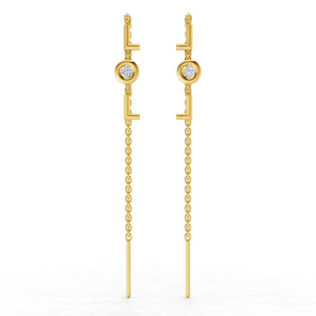 Lab Grown Diamond Earrings 0.07 Carat Round Shape 925 Sterling Silver Yellow Gold Plated LOL Threader Earrings