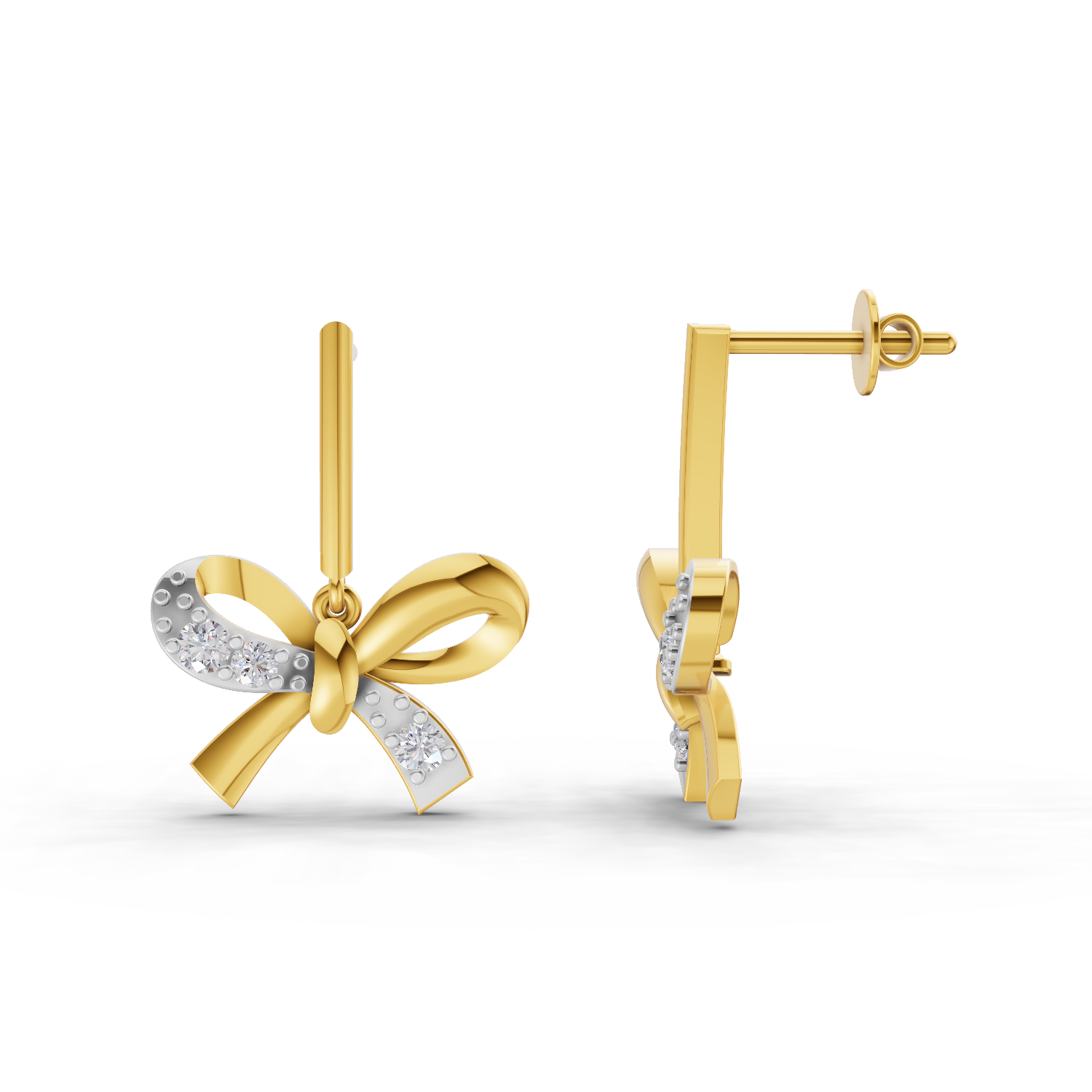Lab Grown Diamond Earrings 0.19 Carat IGI Certified Round Shape F-G VS Quality| 925 Sterling Silver Gold Plated Diamond Bow Drop Earrings