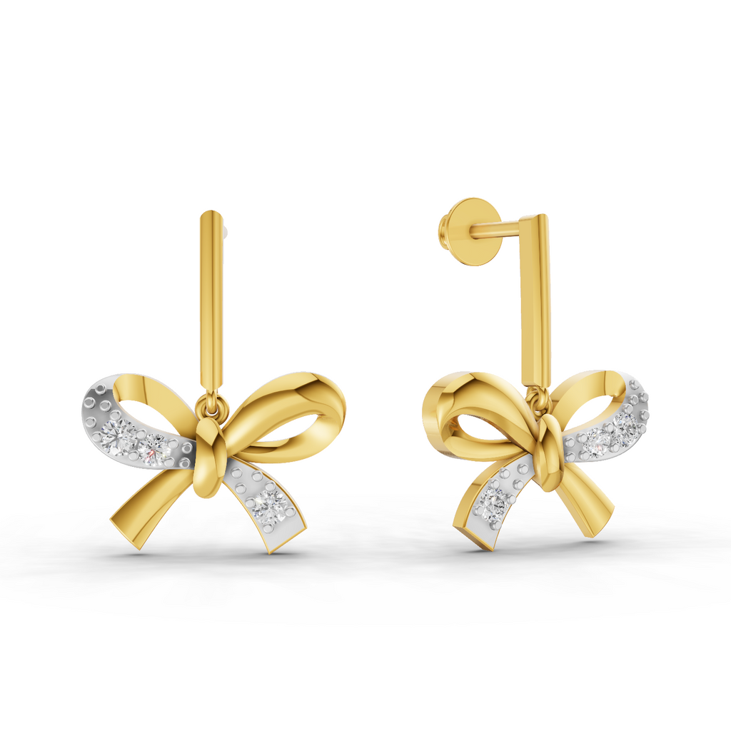 Lab Grown Diamond Earrings 0.19 Carat IGI Certified Round Shape F-G VS Quality| 925 Sterling Silver Gold Plated Diamond Bow Drop Earrings