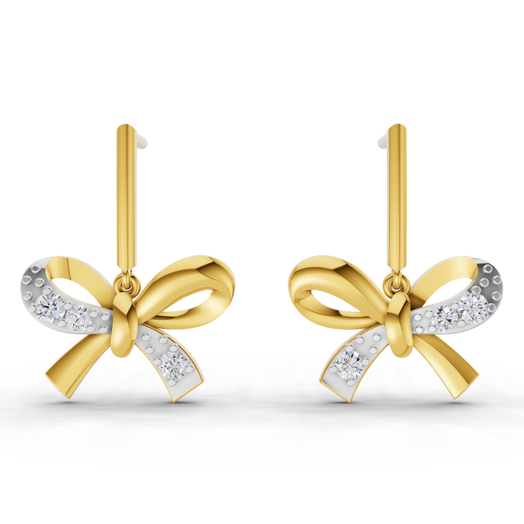 Lab Grown Diamond Earrings 0.19 Carat IGI Certified Round Shape F-G VS Quality| 925 Sterling Silver Gold Plated Diamond Bow Drop Earrings