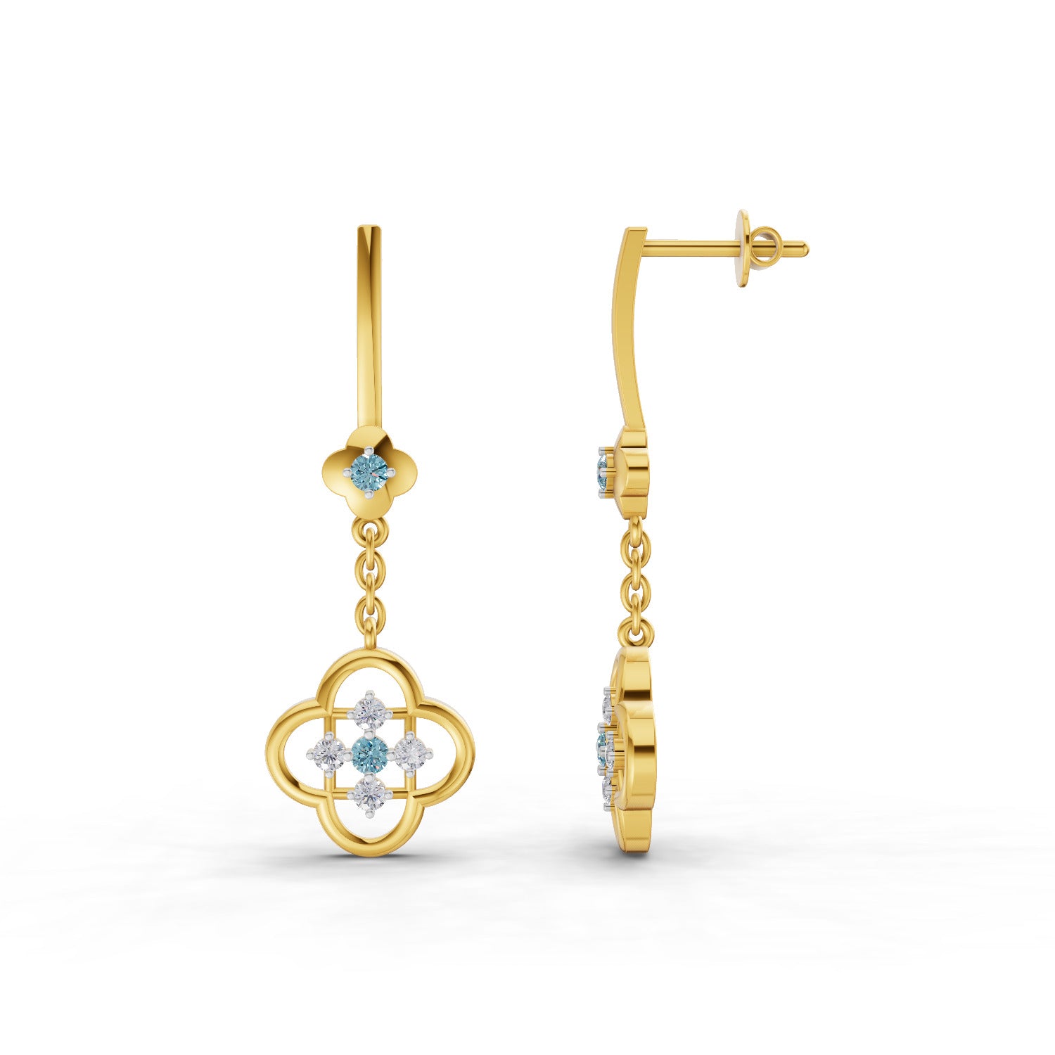 Lab Grown Diamond Earrings 0.17 Carat IGI Certified Round Shape 925 Sterling Silver Gold Plated Clover Dangle Stud Earrings