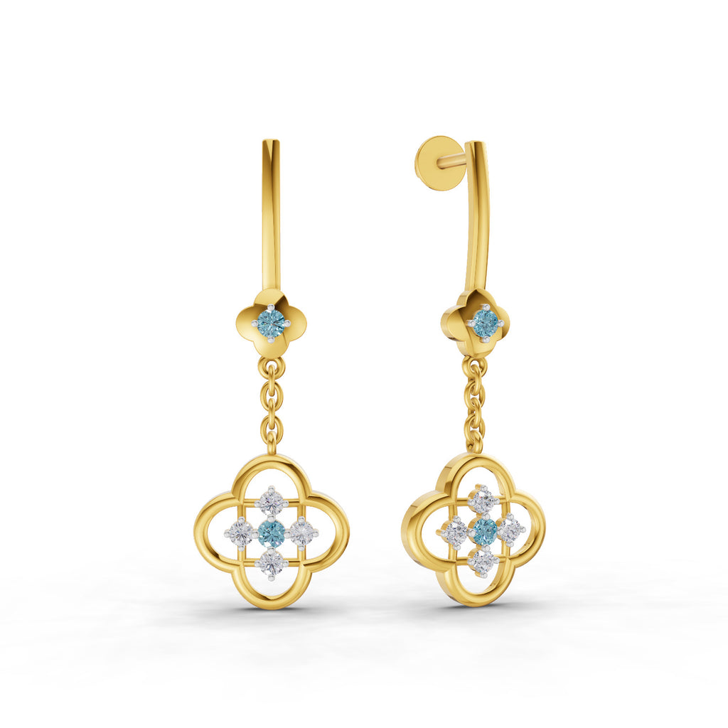 Lab Grown Diamond Earrings 0.17 Carat IGI Certified Round Shape 925 Sterling Silver Gold Plated Clover Dangle Stud Earrings