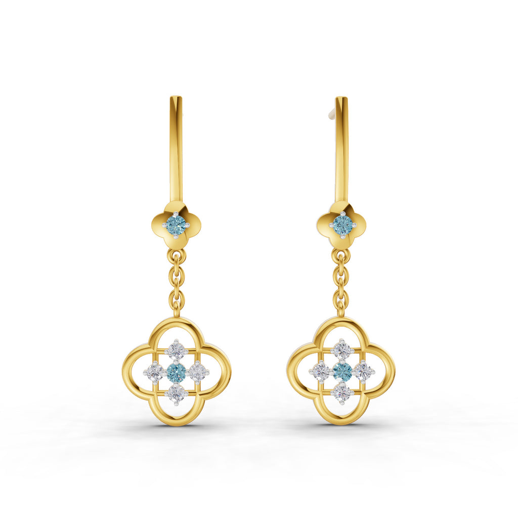 Lab Grown Diamond Earrings 0.17 Carat IGI Certified Round Shape 925 Sterling Silver Gold Plated Clover Dangle Stud Earrings