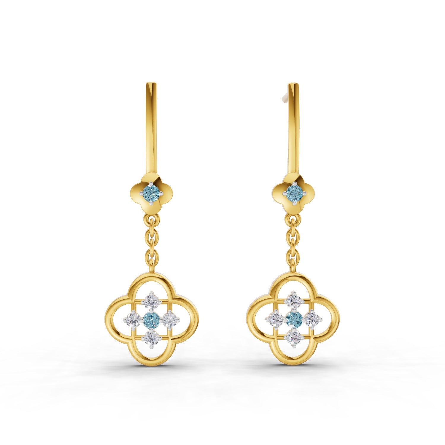 Lab Grown Diamond Earrings 0.17 Carat IGI Certified Round Shape 925 Sterling Silver Gold Plated Clover Dangle Stud Earrings