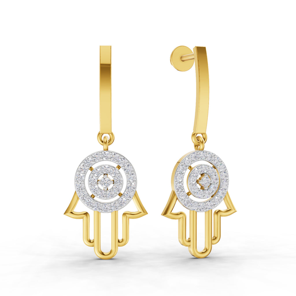 Lab Grown Diamond Earrings 0.58 Carat IGI Certified Round Shape 925 Sterling Silver Gold Plated Hamsa Hand Drop Earrings