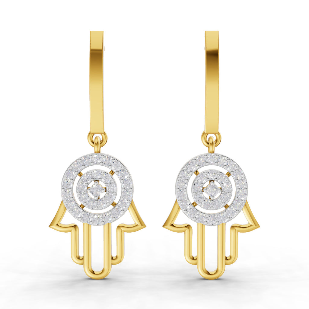 Lab Grown Diamond Earrings 0.58 Carat IGI Certified Round Shape 925 Sterling Silver Gold Plated Hamsa Hand Drop Earrings