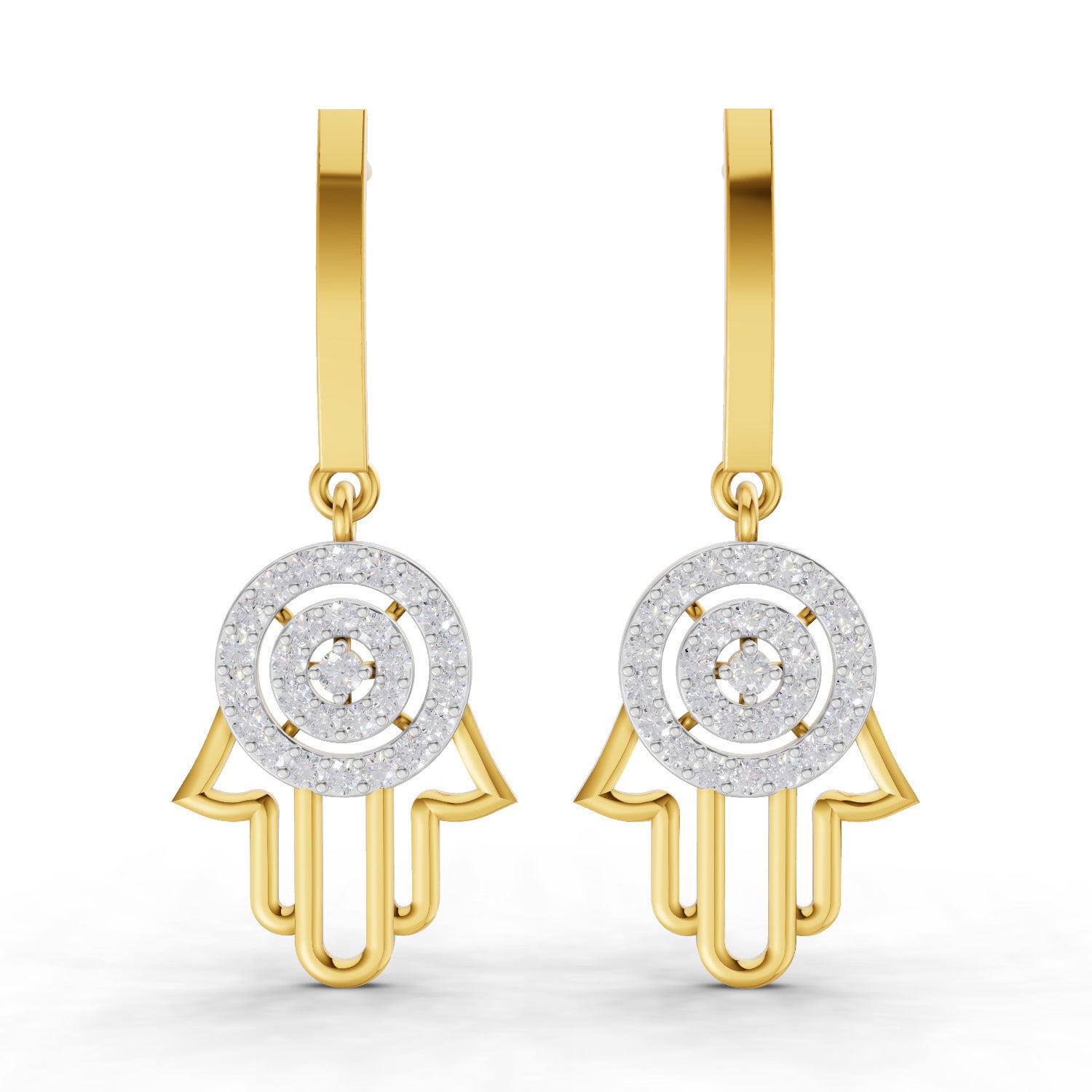 Lab Grown Diamond Earrings 0.58 Carat IGI Certified Round Shape 925 Sterling Silver Gold Plated Hamsa Hand Drop Earrings