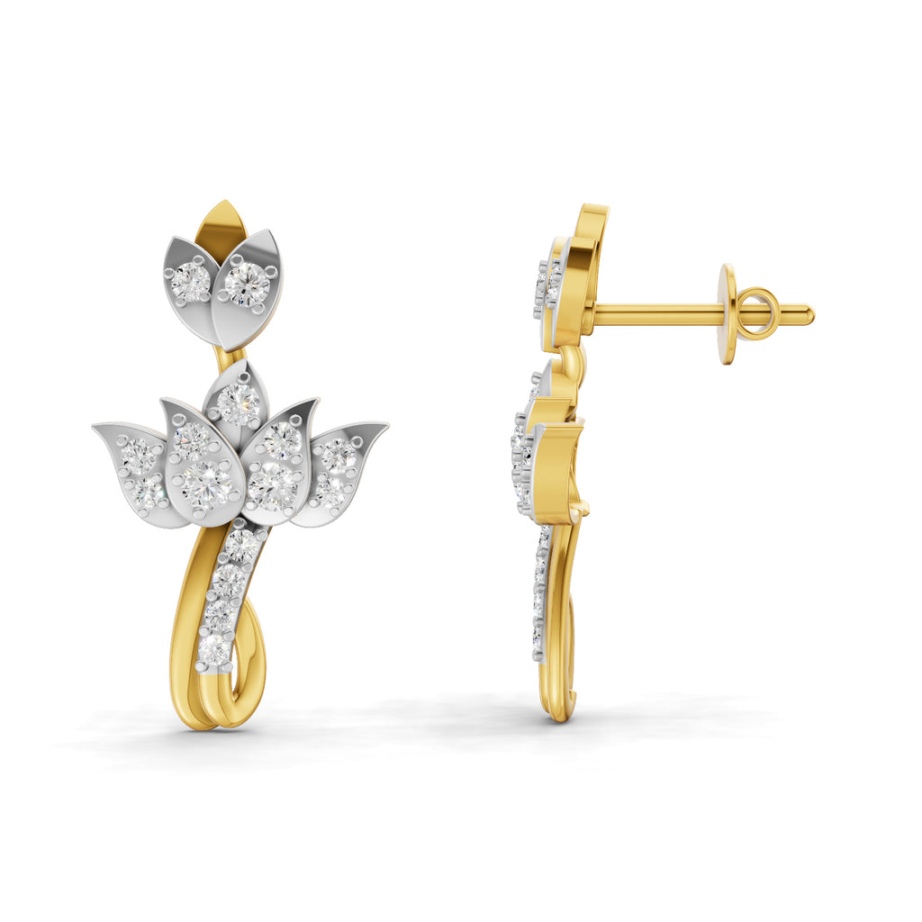 Lab Grown Diamond Earrings 0.56 Carat IGI Certified Round Shape 925 Sterling Silver Gold Plated Lotus Stud Earrings