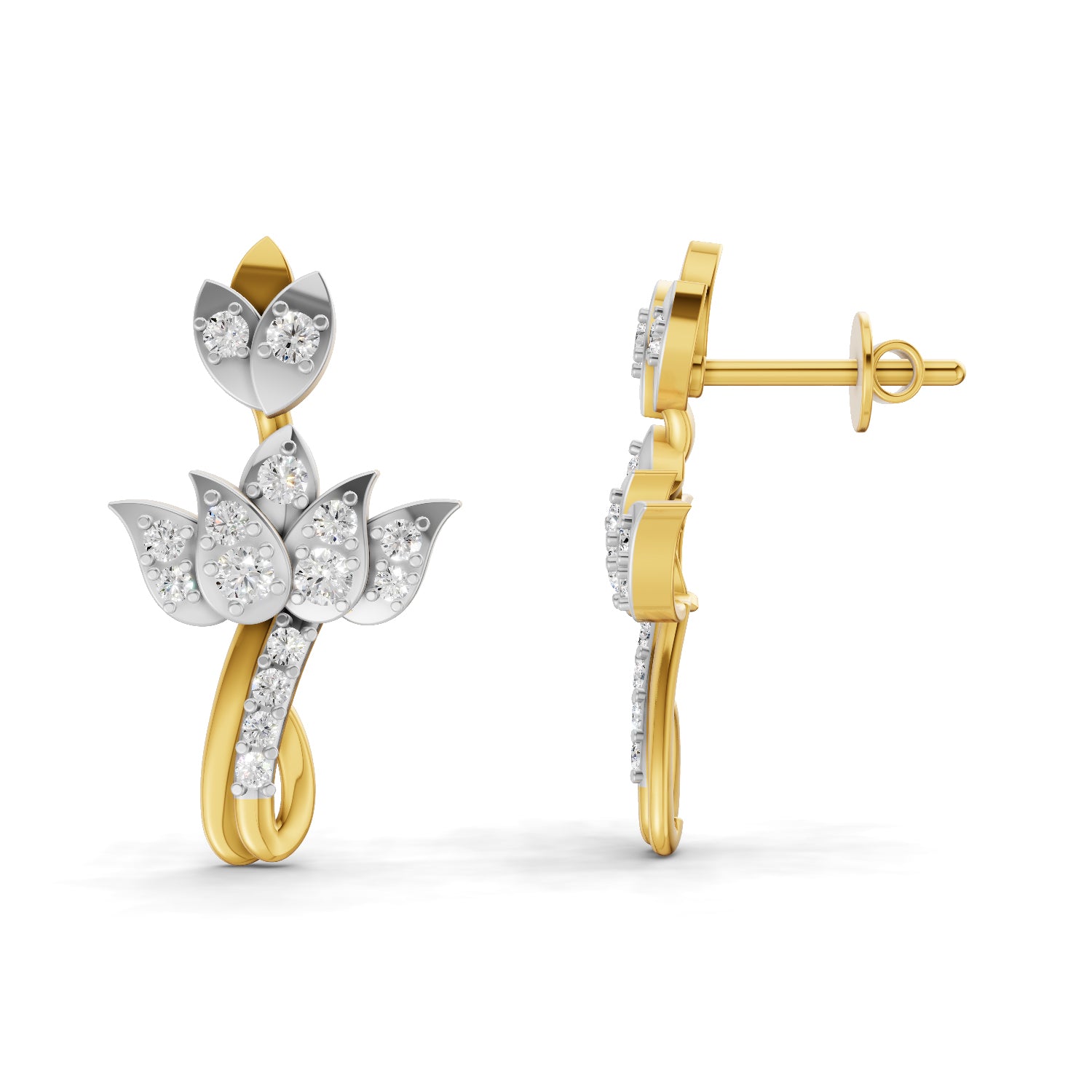 Lab Grown Diamond Earrings 0.56 Carat IGI Certified Round Shape 925 Sterling Silver Gold Plated Lotus Stud Earrings