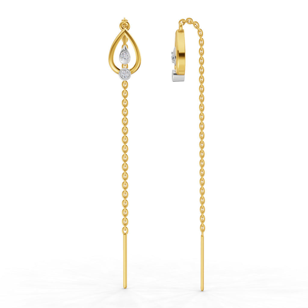 Lab Grown Diamond Earrings 0.07 Carat IGI Certified Round Shape 925 Sterling Silver Yellow Gold Plated Teardrop Threader Earrings