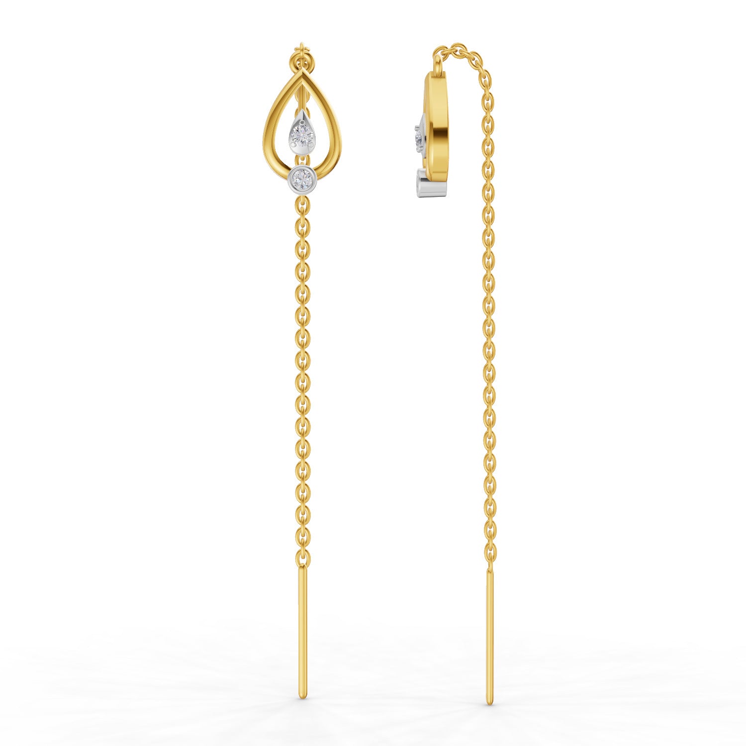 Lab Grown Diamond Earrings 0.07 Carat IGI Certified Round Shape 925 Sterling Silver Yellow Gold Plated Teardrop Threader Earrings