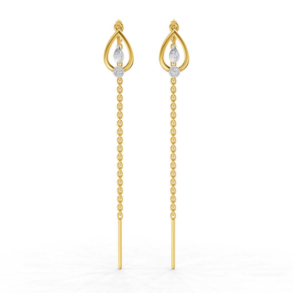 Lab Grown Diamond Earrings 0.07 Carat IGI Certified Round Shape 925 Sterling Silver Yellow Gold Plated Teardrop Threader Earrings