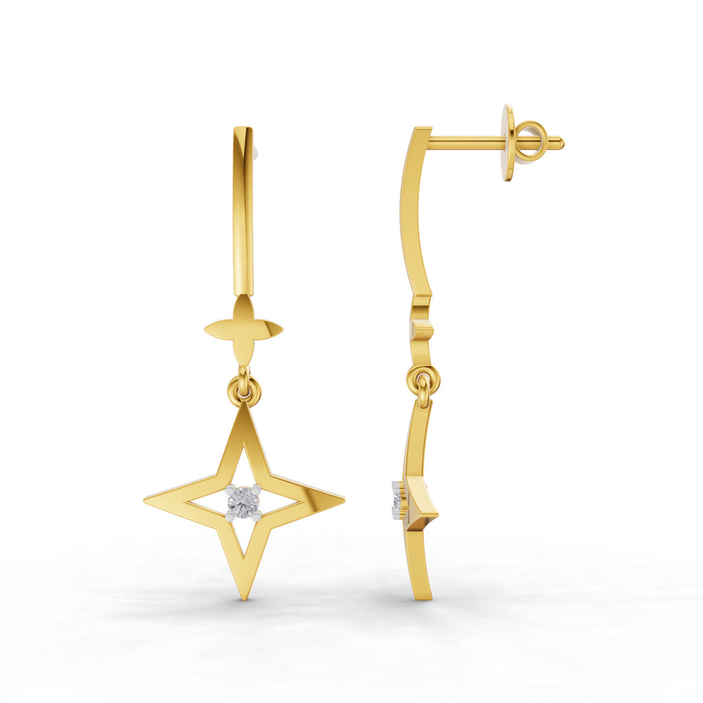 Lab Grown Diamond Earrings 0.07 Carat Round Shape 925 Sterling Silver Gold Plated Star Drop Earrings