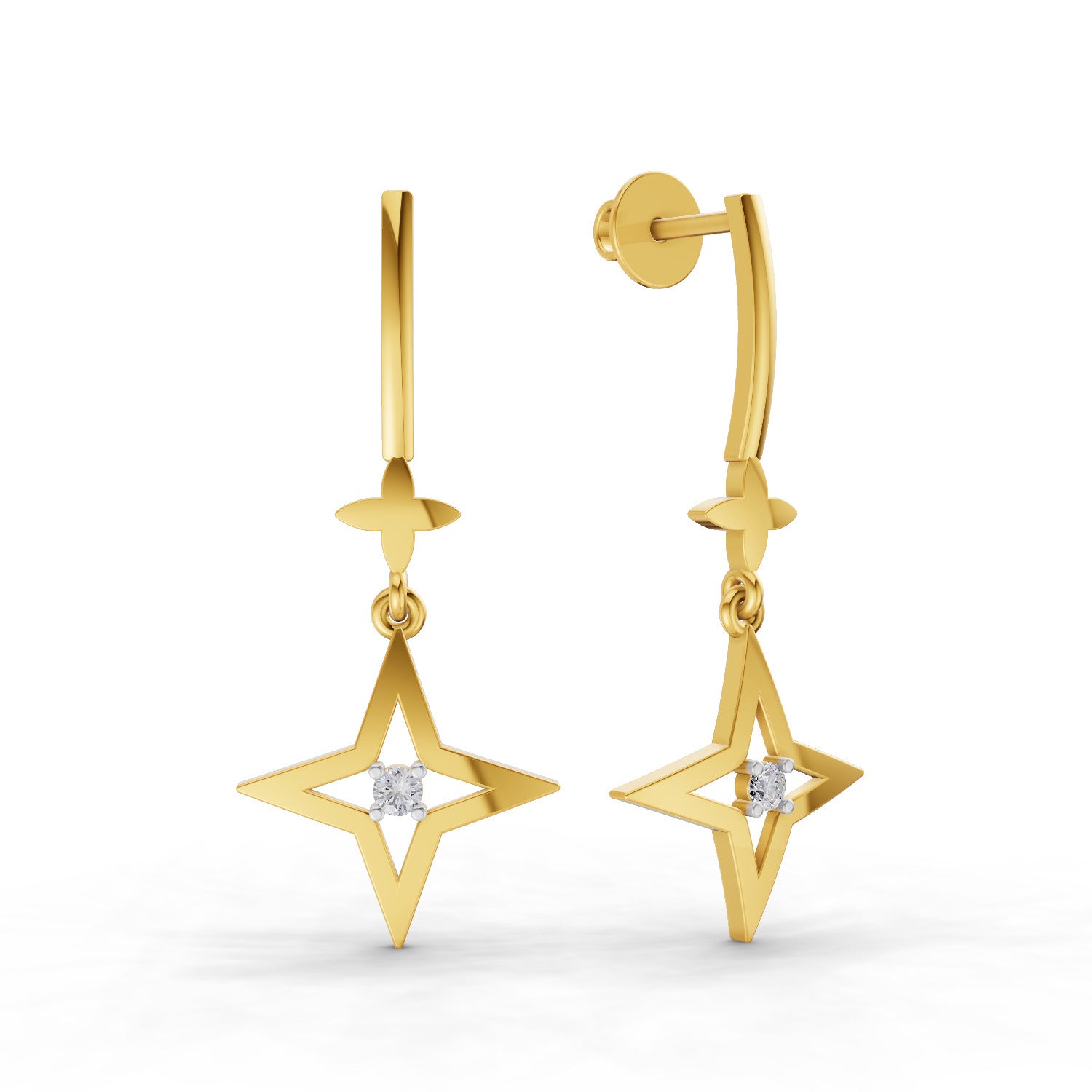 Lab Grown Diamond Earrings 0.07 Carat Round Shape 925 Sterling Silver Gold Plated Star Drop Earrings