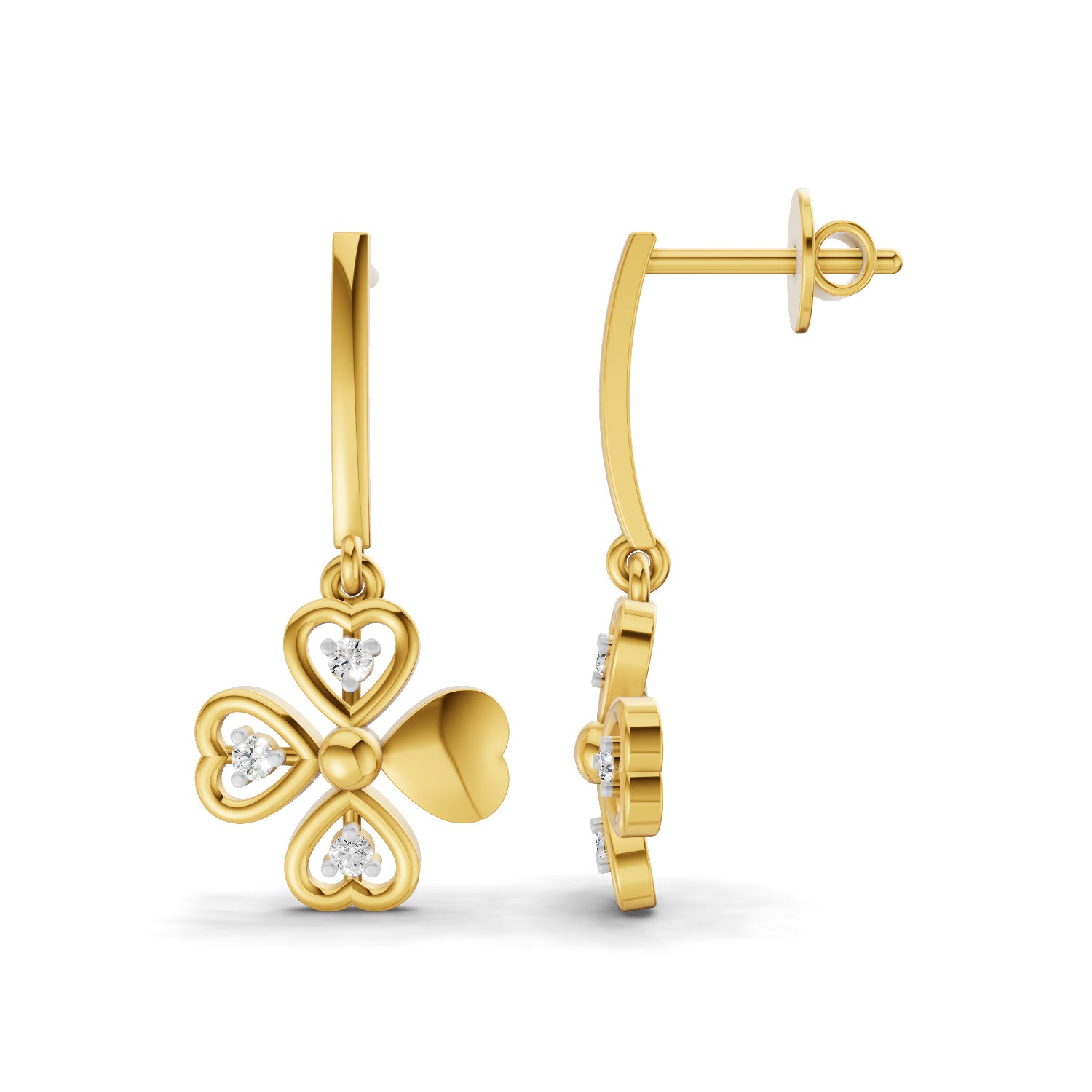 Lab Grown Diamond Earrings 0.08 Carat Round Shape 925 Sterling Silver Gold Plated Floral Drop Earrings