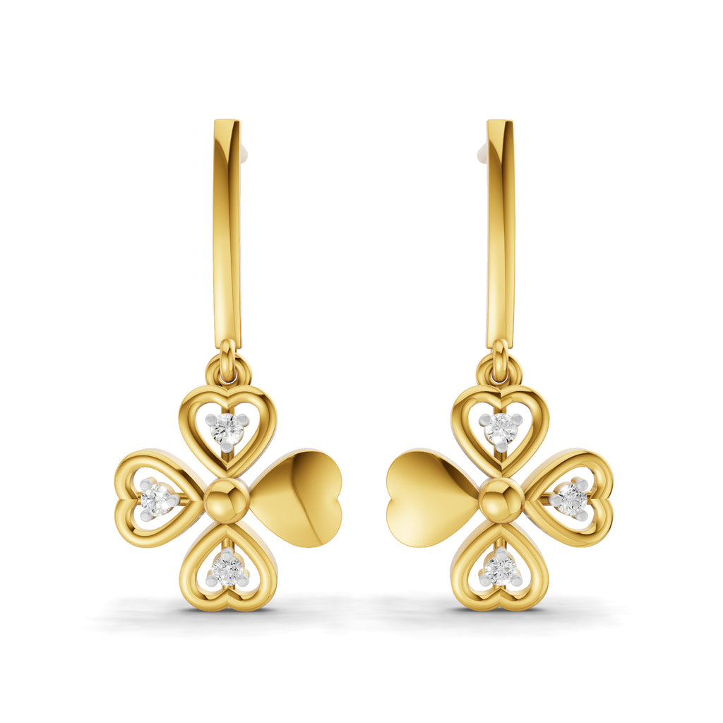 Lab Grown Diamond Earrings 0.08 Carat Round Shape 925 Sterling Silver Gold Plated Floral Drop Earrings