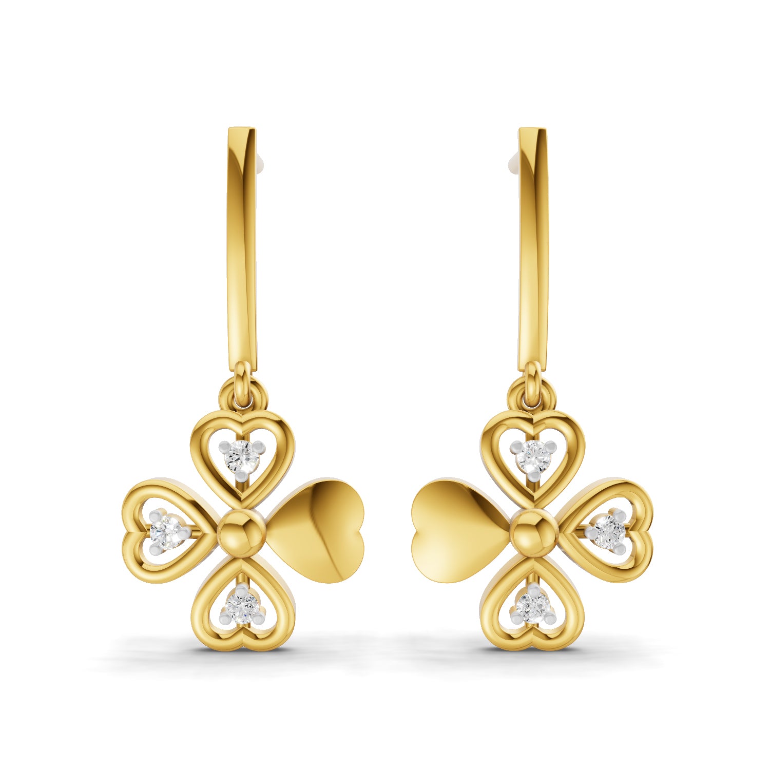 Lab Grown Diamond Earrings 0.08 Carat Round Shape 925 Sterling Silver Gold Plated Floral Drop Earrings
