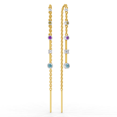 Lab Grown Diamond Earrings 0.07 Carat Round Shape 925 Sterling Silver Yellow Gold Plated Fancy Threader Earrings