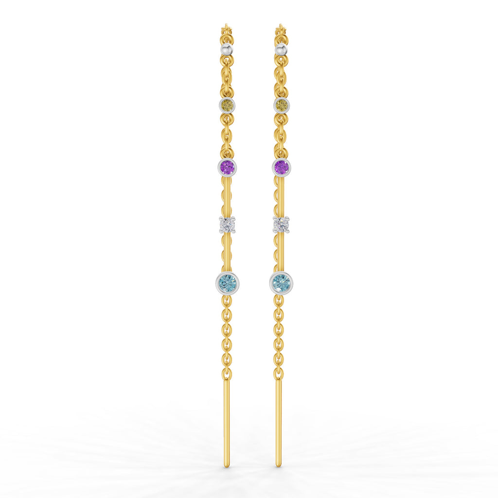 Lab Grown Diamond Earrings 0.07 Carat Round Shape 925 Sterling Silver Yellow Gold Plated Fancy Threader Earrings