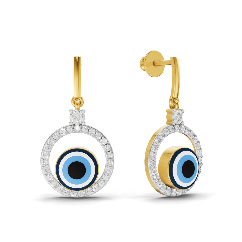 Lab Grown Diamond Earrings 0.71 Carat IGI Certified Round Shape 925 Sterling Silver Gold Plated Evil Eye Dangle Earrings