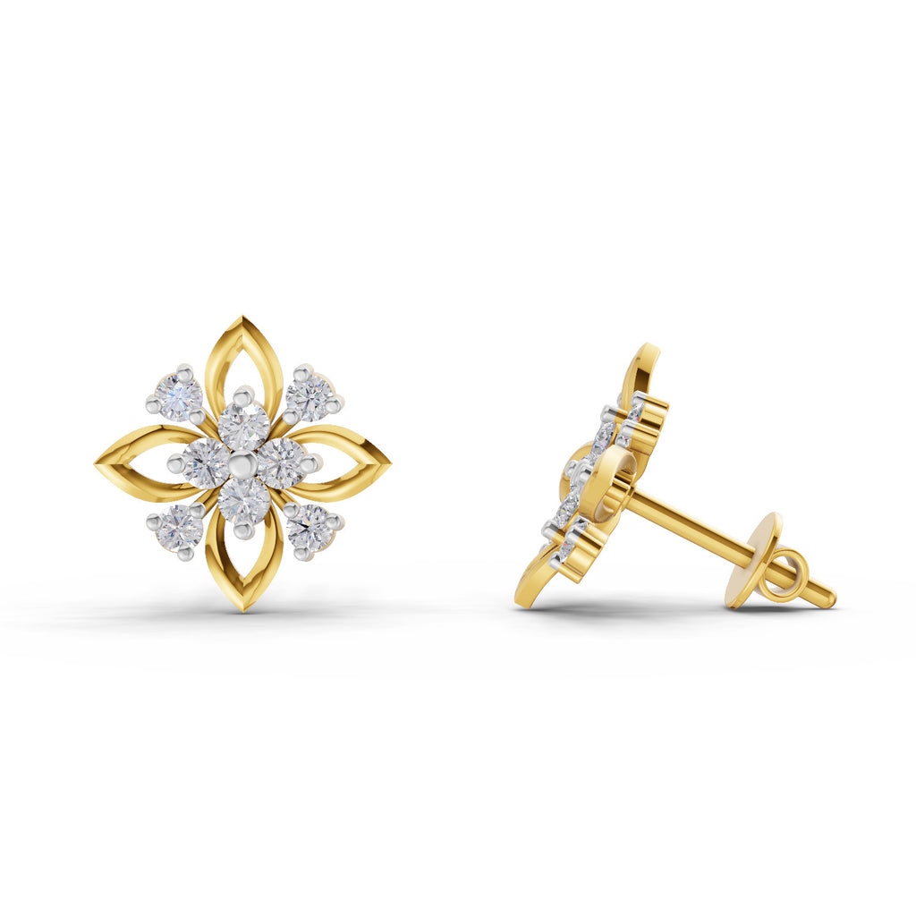 Lab Grown Diamond Earrings 0.45 Carat IGI Certified Round Shape F-G VS | 925 Sterling Silver Yellow Gold Plated Floral Earrings