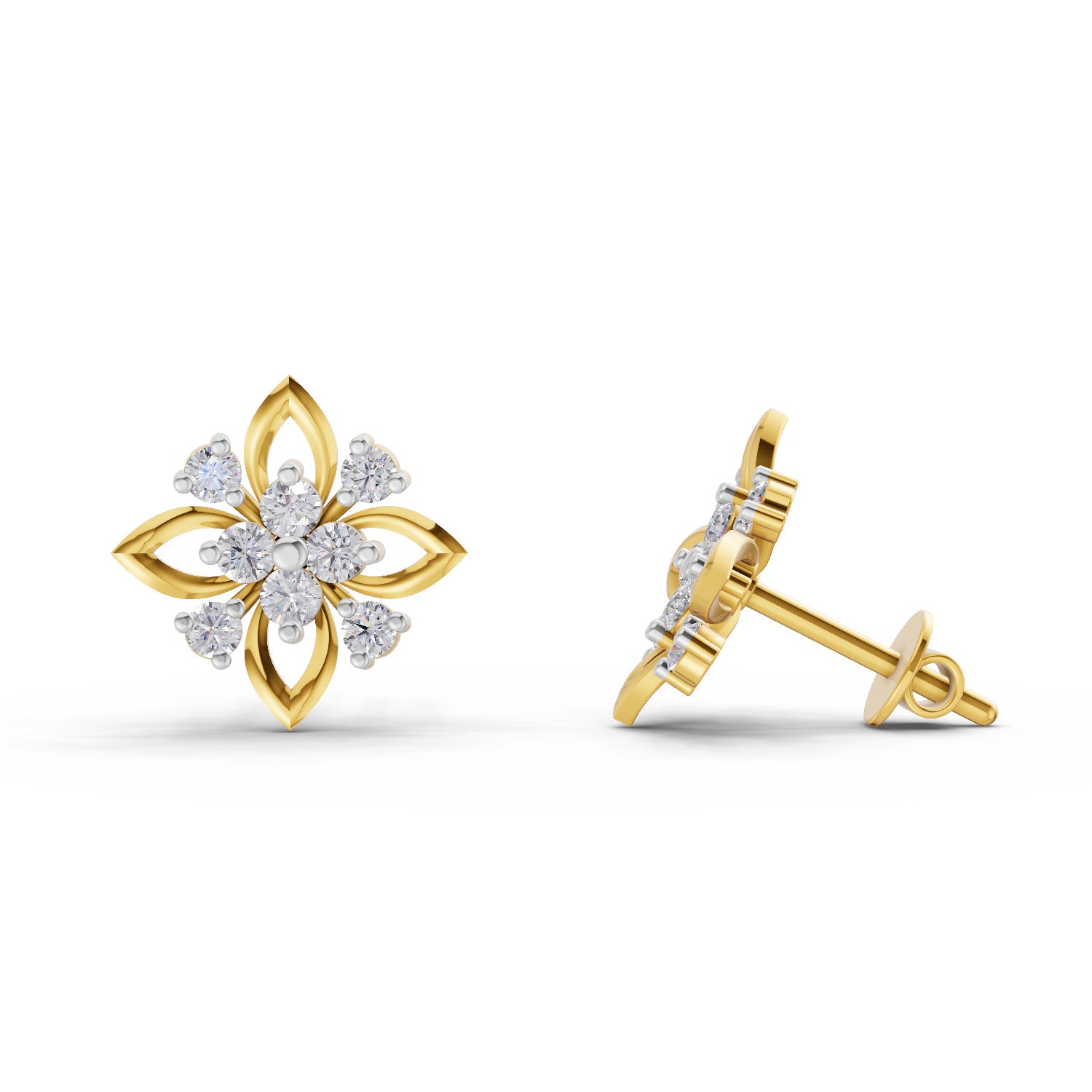 Lab Grown Diamond Earrings 0.45 Carat IGI Certified Round Shape F-G VS | 925 Sterling Silver Yellow Gold Plated Floral Earrings